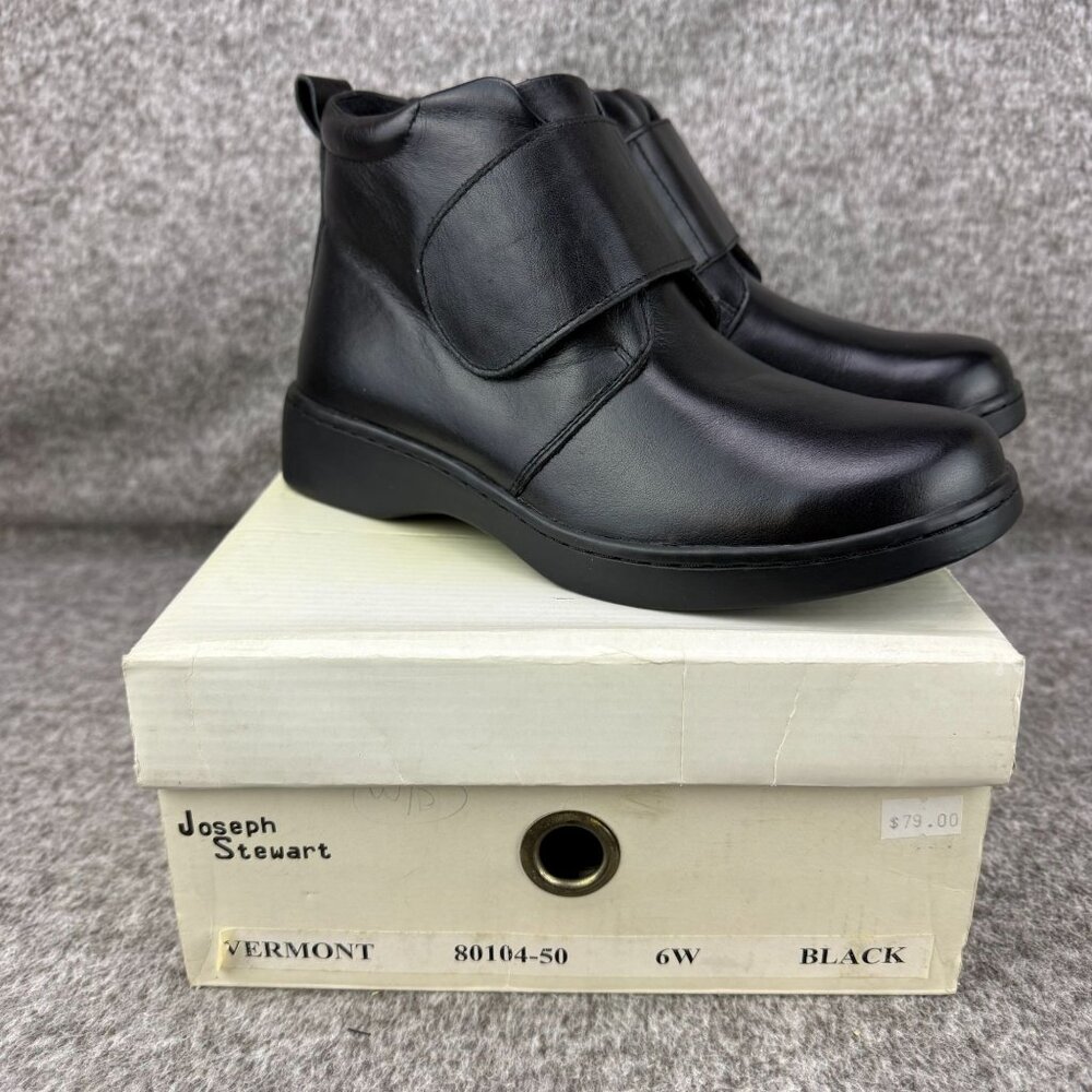 ✅Womens 6W Joseph Stewart VERMONT Black Leather Ankle Boots Hook N' Loop Lined